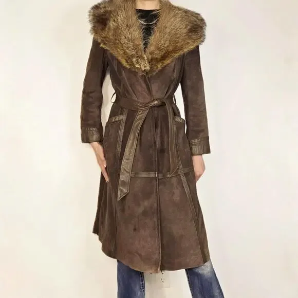 70s Real Fur Collar Suede Trench Coat Vintage Brown Long Boho Penny Lane Belt - Picture 1 of 8